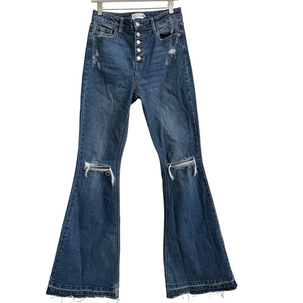 Cello Flare Jeans Size 5 Distressed Knee High Rise Button Fly Y2K Western Style‎